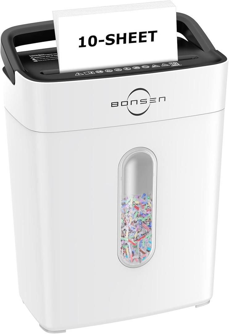Bonsen 10-Sheet Cross Cut Paper Shredder for Home Office, P-4, Portable Handle, 4 Gallons Bin, Paper and Credit Card Shredder, White (S3201-W New Version)