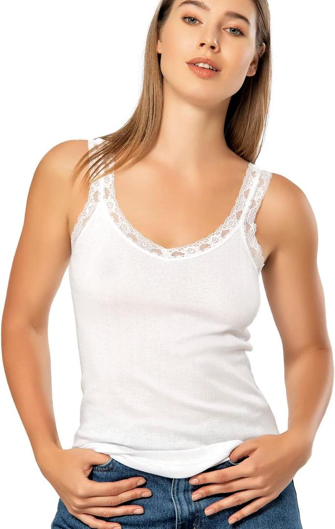 VAVONNE Camisole for Women, All Cotton, Airy Soft Comfy Tank Tops Cami Undershirt (X-Large, White/Lace Strap)