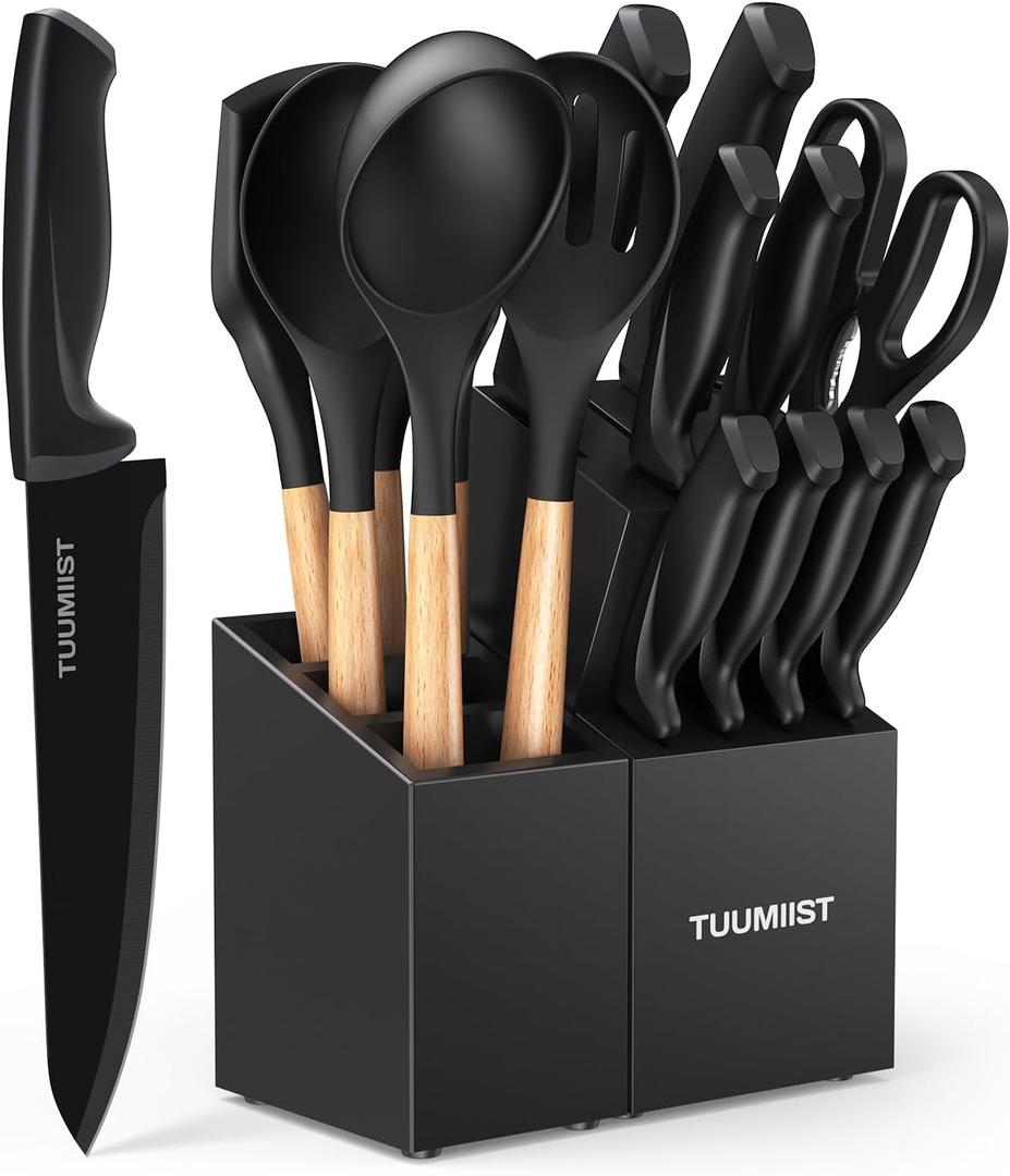 18-Piece Knife Sets for Kitchen with Block and Sharpener & Kitchen Utensils Set & Removable Utensil Holder (Black)-Precision Cutting, Effortless Sharpening, Convenient Organization
