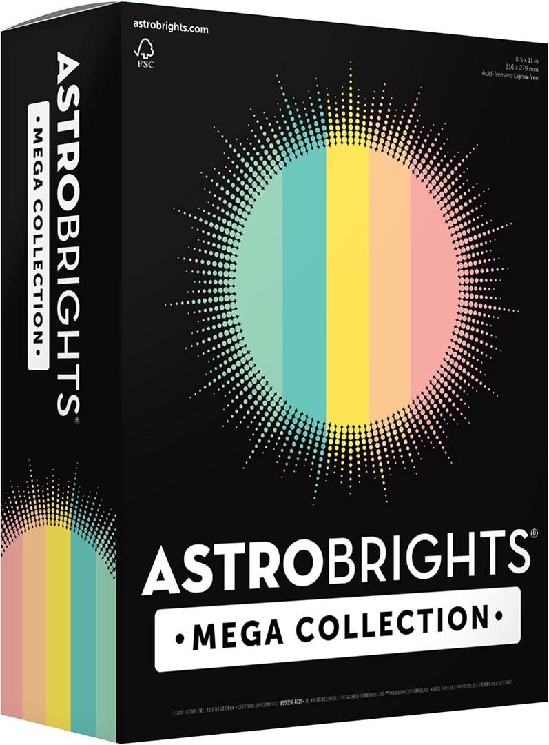 Astrobrights Mega Collection, Colored Cardstock, Punchy Pastel 5-Color Assortment, 320 Sheets, 65 lb./176 gsm, 8.5" x 11" (91780)