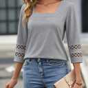 Women's 3/4 Sleeve Tops Square Neck Dressy Casual T-Shirt 2025 Trendy Fashion Business Shirt Fall Basic Tee Blouse Grey L (L)