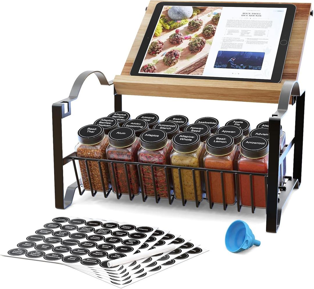 3 Tier Spice Rack Organizer with Bamboo Top Tablet Holder, 18 Spice Jars, 422 Spice Labels, and Funnel Set for Kitchen, Cabinet, Countertop, Pantry, Cupboard. Seasoning Organizer Black