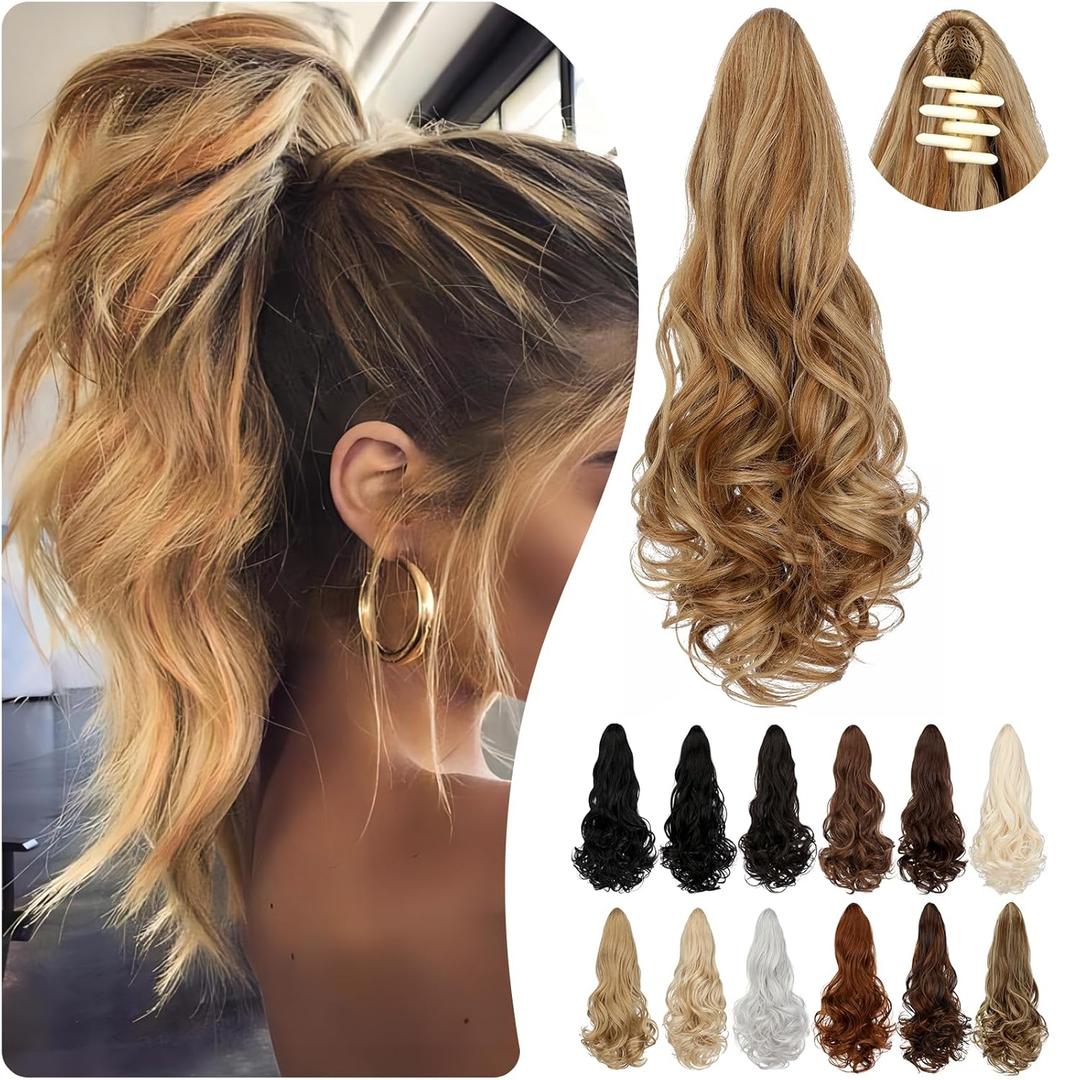 Ponytail Extension Claw 18" Long Curly Wavy Clip in Natural Looking Synthetic Hair Extension Ponytail Hairpiece for Women Ash blonde mix Ginger Brown