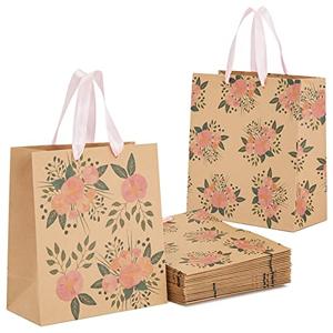 Juvale 24 Pack Kraft Paper Floral Gift Bags with Pink Ribbon Handles - 2 Designs, For Themed Party Favors, Mother's Day, Weddings, Birthdays - 8x4x9 Inches Gift Bags With Handles