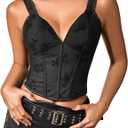 Floerns Women's Floral Deep V Neck Corset Lace Up Back Tank Top Slim Fit Crop Corset Bustier Tops Black Small
