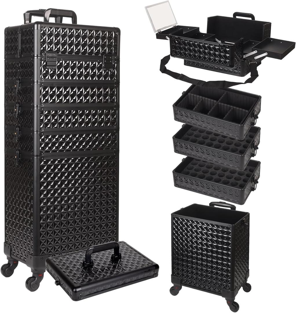 Rolling Makeup Train Case, 6 in 1, Professional Cosmetic Trolley
