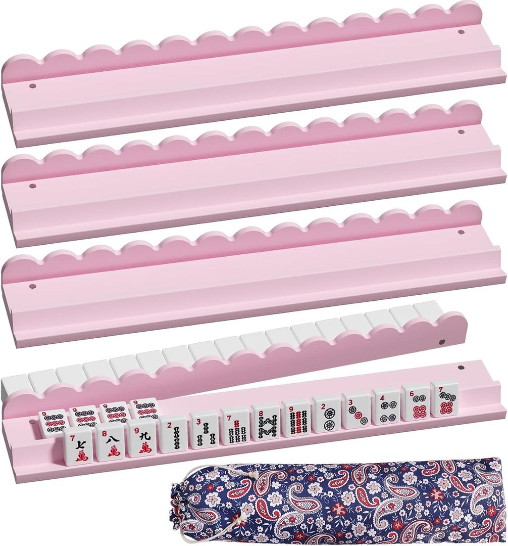Wooden Mahjong Racks with Pushers, Pink American Mahjong Tile Pushers and Racks with Drawstring Bag ，Fits 1.2 Inch Mahjong Tiles Modern Table Mahjong Accessories (Pink)
