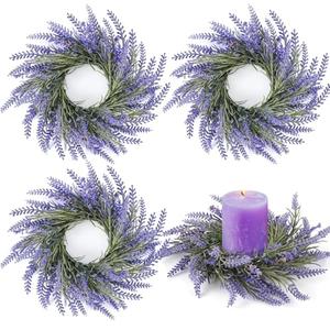 4 Pcs Lavender Candle Rings Wreaths Mini Purple Wreath Table Centerpieces 3 Inch Floral Wedding Ring Wreaths Pillar Lavender Candle Holder for Spring Summer Home Door Party Decoration