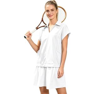 Women Casual Dresses Loose Fit Polo V-Neck Short Sleeves Patchwork Athletic Tennis Dress with Pockets (White, M)