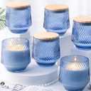 6 Pcs 13.5 OZ Blue Large Candle Jars for Making Candles, Ribbed Unique Candle Jars, Glass Jars with Wooden Lids and Labels for Candle Making Supplies, Container, Blue Table Decor, Gift (Medium)