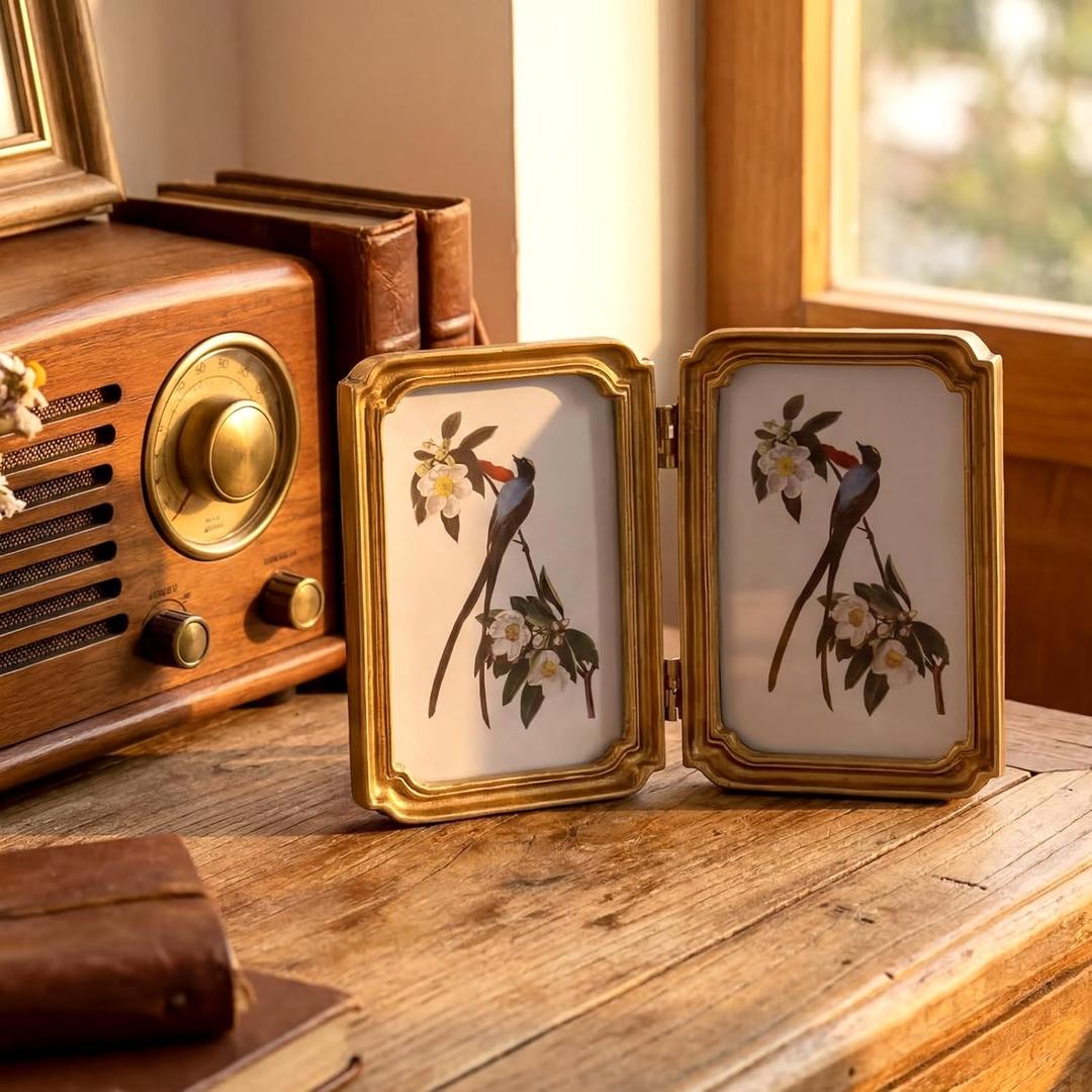Wenqik Vintage Picture Frames 4x6 Inch Antique Gold Frames with Glass Double Hinged Vertical Picture Frame Display Sets Ideas for Tabletop and Wall Hanging Mount Ornate Retro Home Decor Party Supplies