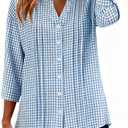 Micoson Womens 3/4 Sleeve Tops Cotton Linen Button Down Shirts V Neck Pleated Casual Loose Blouses Roll Up Sleeve Shirt (Small, 3-blue Plaid)