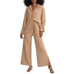 LYANER Women's 2 Piece Outfits Button Down Long Sleeve Shirt and Wide Leg Pants Set XL LYANER Women's 2 Piece Outfits Button Down Long Sleeve Shirt and Wide Leg Pants Set XL