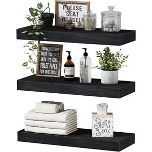 QEEIG Floating Shelves for Wall Bathroom Shelf Bedroom Kitchen Living Room Hanging Book Shelves Small Farmhouse Decor 16 inch Set of 3, Black (015-B3)