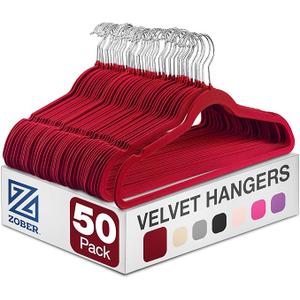 Zober Premium Quality Space Saving Luxurious Velvet Hangers Strong and Durable Hold Up to 10 Lbs  360 Degree Chrome Swivel Hook  Ultra Thin Non Slip Suit Hangers, Royal Red/Burgundy  50 Pack