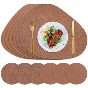 Lussenwert Faux Leather Placemats Set of 6 Waterproof Dual-Sided Placemats Heat Resistant Wipeable Place Mats with Coasters Non-Slip Dining Table Mats for Indoor Outdoor Orange