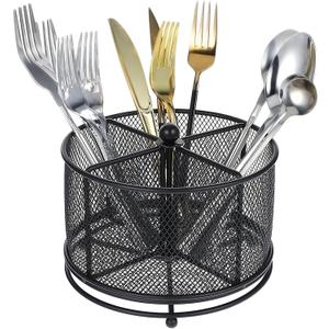 MAQUITA 360 Rotating Metal Utensil Caddy - 4 Compartment Silverware Cutlery Holder Rotation Fork Spoon Napkin Organizer Flatware Storage Basket Party Countertop Buffet Picnic Camping Outdoor Black