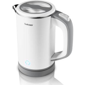 Sekaer Small Electric Tea Kettle Stainless Steel 0.8L Portable Travel Hot Water Boiler, Mini Electric Coffee Kettle with Auto Shut-Off & Boil Dry Protection, Cordless Base & White