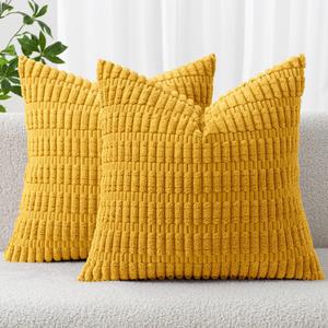 MIULEE Pack of 2 Corduroy Decorative Euro Sham Throw Pillow Covers 26x26 Inch Soft Boho Striped Pillow Covers Modern Farmhouse Home Decor for Summer Sofa Living Room Couch Bed Mustard Yellow