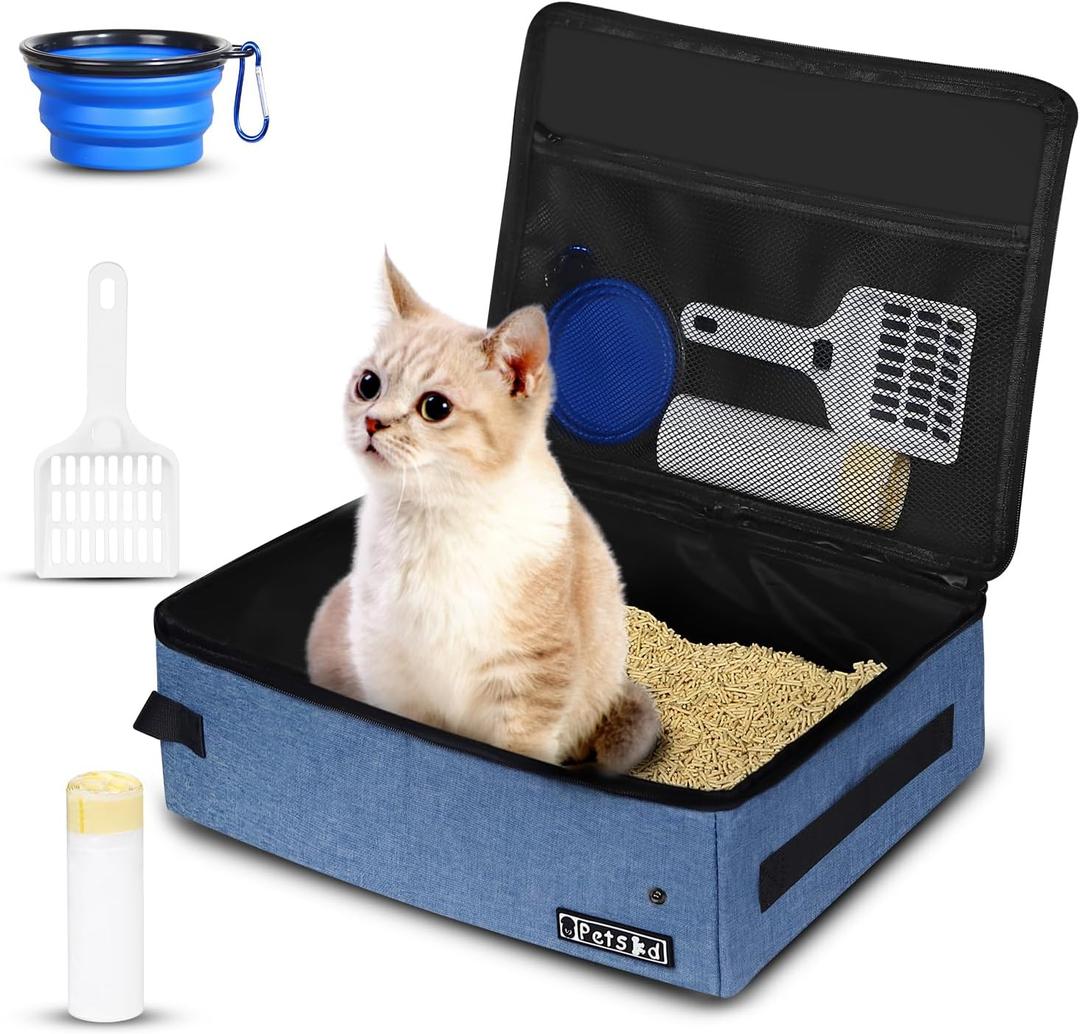Petskd Portable Cat Travel Litter Box with Lid and 10 pcs Disposable Liner Bags, Leak-Proof and Collapsible, Cat Travel Essentials for Car, Hotel, Airplane and Other Outdoor Use(Blue) (Small)