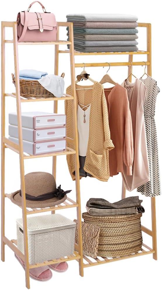 Ufine Bamboo Garment Rack 7-Tier Storage Shelves Clothes Hanging Rack, Heavy Duty Clothing Rack Minimalism Wardrobe Closet Organizer for Indoor