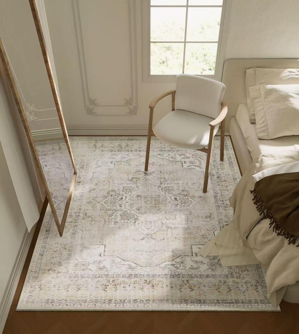 4x6 Washable Area Rugs for Bedroom: Entry Throw Rug Stain Resistant Boho Rug Non Slip Low Pile Small Carpet for Bedroom Kitchen Entryway Living Room Bedside Office Dorm Kids Room Entrance (Beige White and Black)