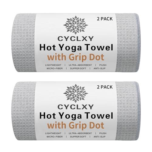 CYCLXY 2 Pack Hot Yoga Towel with Grip Dot，Stickyfiber Yoga Mat Towels Non Slip for Hot Yoga,Absorbent Microfiber Sweat Anti-Slip Cover,Bikram,Pilates,Exercise,Fitness