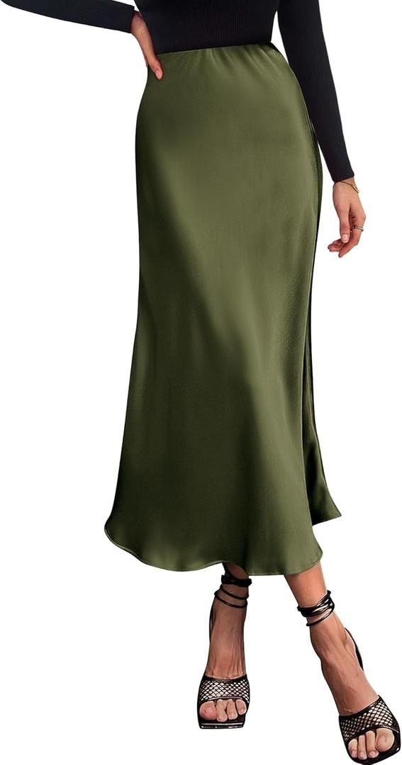 BTFBM 2025 Womens Summer Fall Long Satin Skirt Silk Elegant High Waist Cocktail Party Wedding Flowy A-Line Midi Skirts (Light Army Green) L