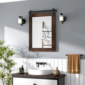 COGOOD Farmhouse Barn Door Mirror - 21" x 30" Rustic Wood Framed Wall Mirror for Bathroom, Living Room, Entryway Wall Decor (Black Brown)
