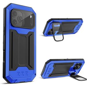 Compatible with iPhone 17 Pro Max Metal Case with Camera Cover Stand Built in Gorilla Glass Full Body Hybrid Military Heavy Duty Armor Silicone Rugged Phone Cover for Man Woman (Blue)