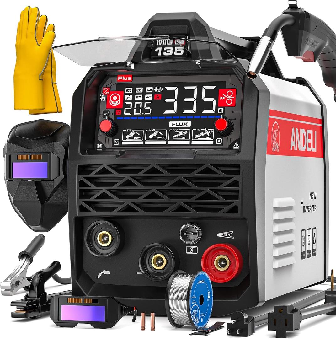ANDELI 135A MIG Welder 110V/220V, 4-in-1 PULSE Flux Core MIG/Lift Tig/Stick Gasless MIG Welding Machine with SynergyLarge LED Display,2T/4T Full Kit (Bonus Welding Helmet & Gloves)