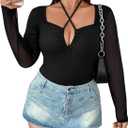 SOLY HUX Plus Size Tops for Women Long Sleeve Sexy Going Out Tops V Neck Criss Cross T Shirts Blouse Solid Black 0XL