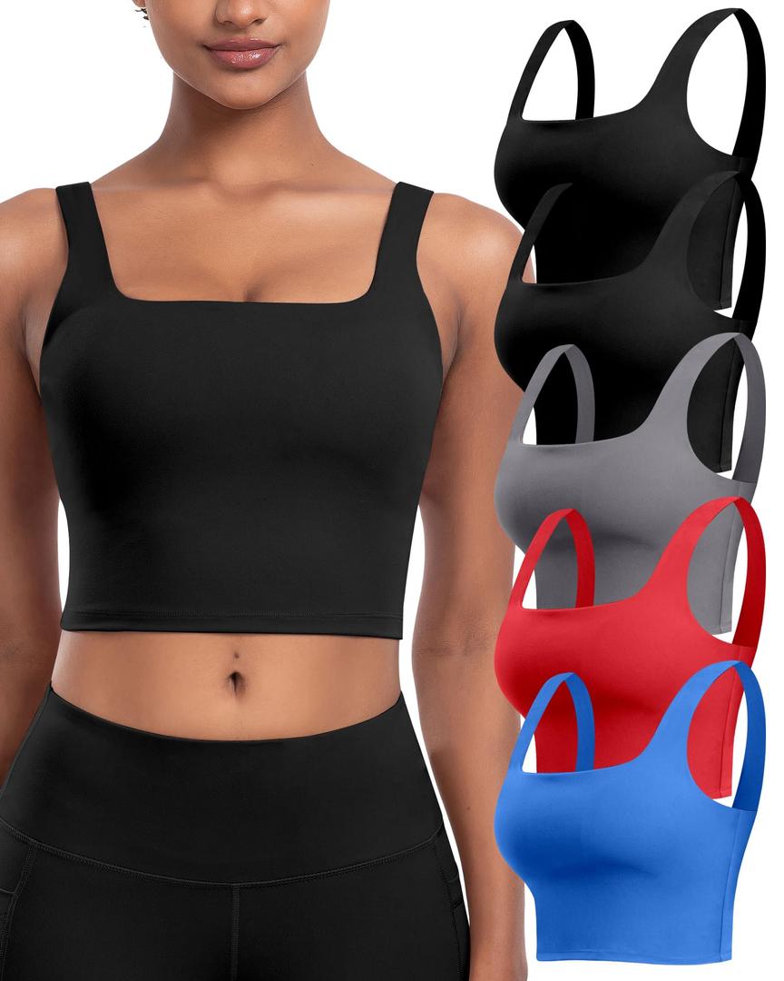 Womens Sports Bras 5 Packs - Square Neck Longline Workout Crop Tank Tops Padded Yoga Camisole with Built in Pads M