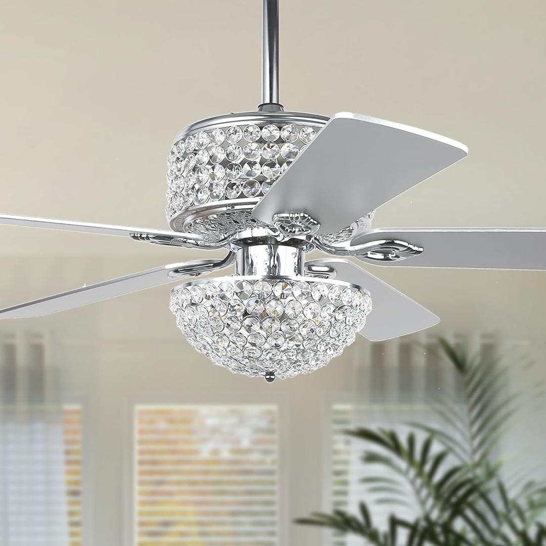 Crystal Ceiling Fan with Lights, 52 Modern Chandelier Fan with Remote Control, Quiet Fandelier with Reversible Dual Finish Blades, Indoor Fan Perfect for Living Room Dining Room, Bedroom, Silver (Chrome)