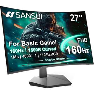SANSUI 27 Inch Curved 160Hz Gaming Monitor, 1500R Curved Computer Gaming Monitor FHD 1080P, 4000:1, 110% sRGB, FPS/RTS, 1Ms MPRT|FreeSync|HDR|Low Blue Light|HDMI DP| VESA Support, HDMI Cable Incl.