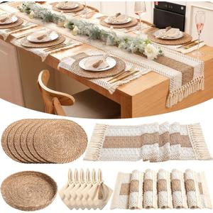 Gandeer 6 Sets Boho Placemats: Round Woven, Rectangular Boho, Wooden Bead Napkin Rings, Cloth Napkins, Long Table Runner & Storage Basket - Natural Burlap Cotton for Kitchen Dining Table Home