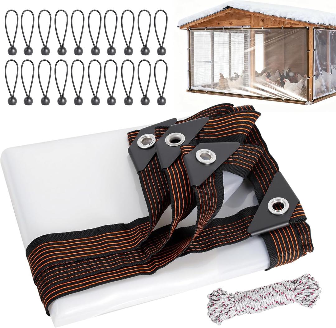 Chicken Coop Cover for Winter, Waterproof Durable Tarp with Elastic Cords Rope, Easy Install for Large Cages Walk-in Runs, Chicken Coop Plastic Wrap for Winter (6.6 X 9.5 FT)