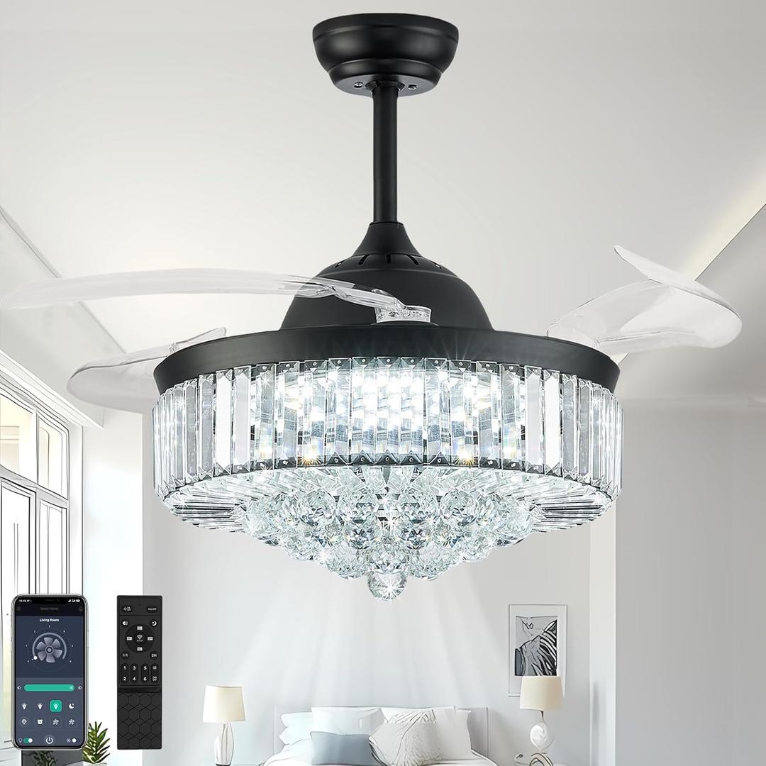 42'' Fandelier Ceiling Fans with Light, Chandelier Ceiling Fan, Retractable Crystal Ceiling Fan for Bedroom, Living Room, 3 Color Change, LED Dimmable, 6 Speeds, Reversible DC Motor-Black