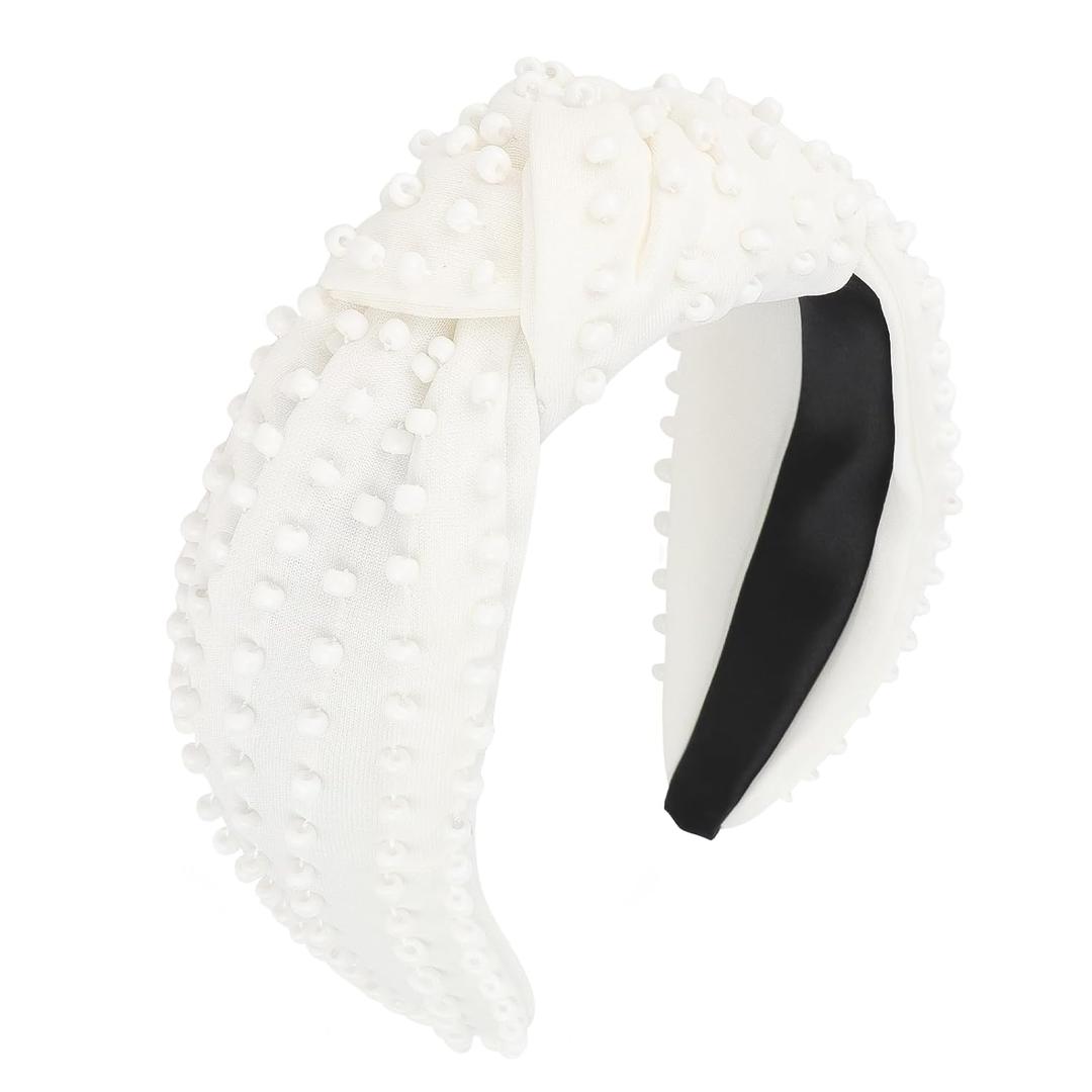 YISSION White Knotted Headband for Women - Wide Pearl Embellished Hair Hoop, Stylish Hair Accessory for Daily Wear, Weddings & Casual Outfits