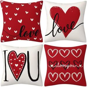 Hongsome Valentines Day Decor-Throw Pillow Covers 18x18 in Set of 4,Valentine Linen Pillow Case with Red Heart Love You More for Large Couch Sofa Home Indoor Outdoor Holiday Decorations