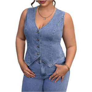 Floerns Women's Plus Size Sleeveless Vest Denim Jacket Button Front V Neck Waistcoat (XX-Large Plus, Blue)