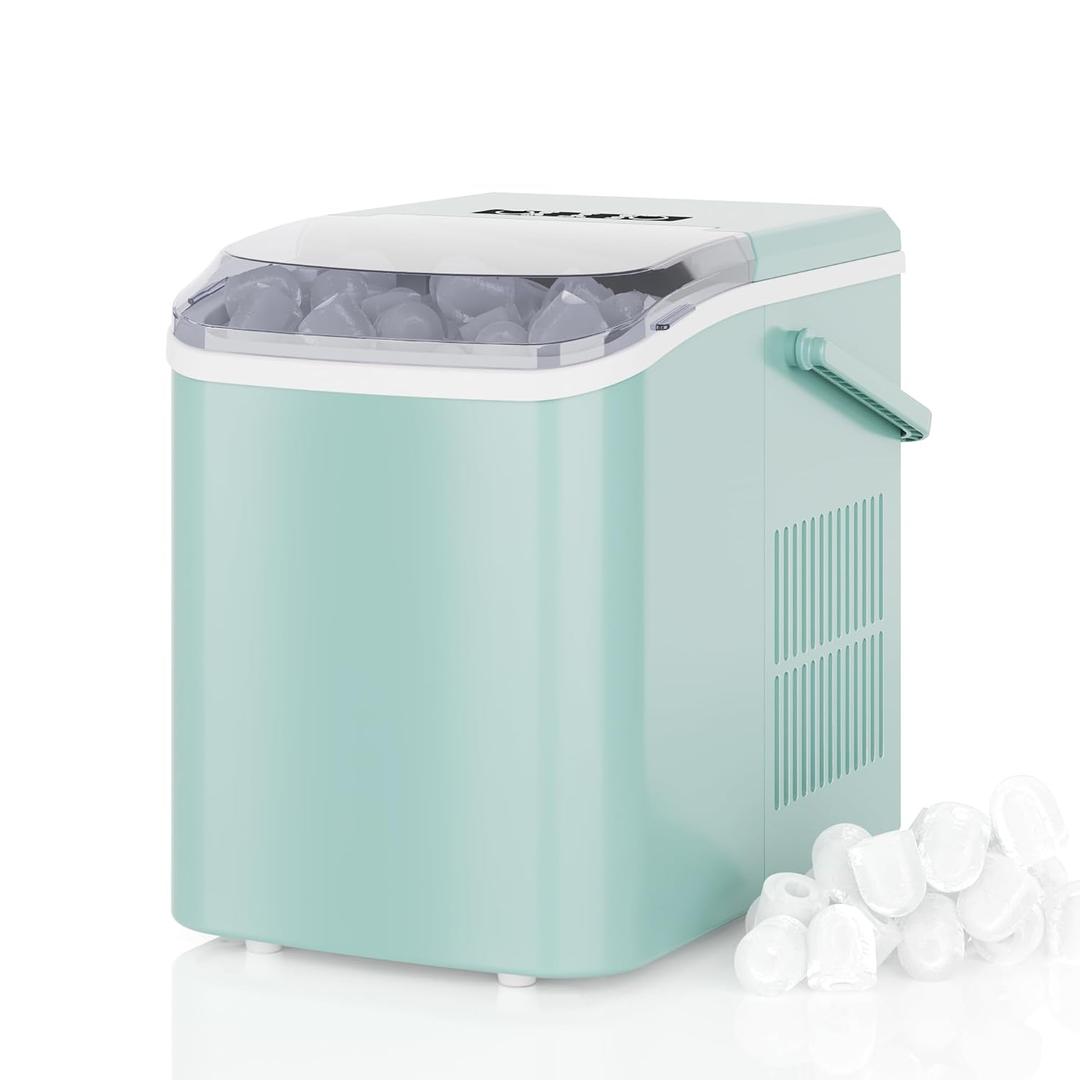 DUMOS Countertop Ice Maker with Handle, 26lbs/24H, Makes 9 Bullet Cubes in 6 Mins, Auto-Cleaning, Portable Ice Machine for Home Kitchen RV Camping, Green