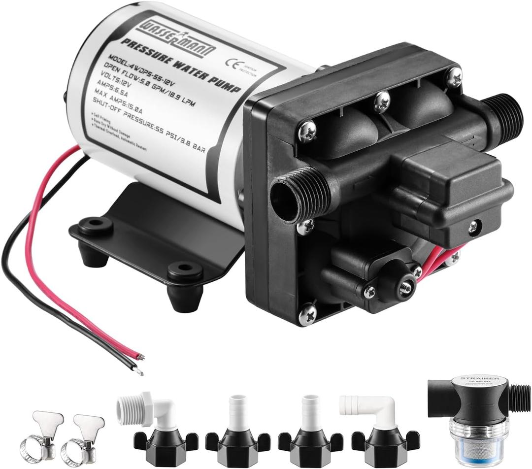 WASSERMANN RV Water Pump 12V DC, Self Priming Diaphragm 5.0 GPM 55 PSI, Water Pressure Pump with Pressure Switch, for RV Marine Yacht Lawn Garden