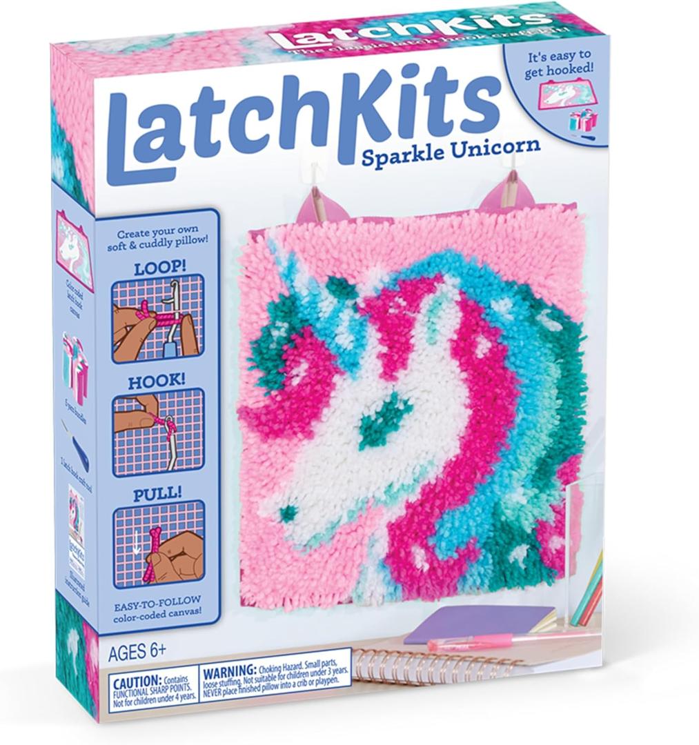 LatchKits Latch Hook Kits for Kids  Kids Crafts, Arts and Crafts, Yarn Art, Wall Hanging & Mini-Rugs, Craft Supplies, Pre-Cut Yarn, Easy Pattern, Hook Included, Arts & Craft, Ages 6+, Unicorn