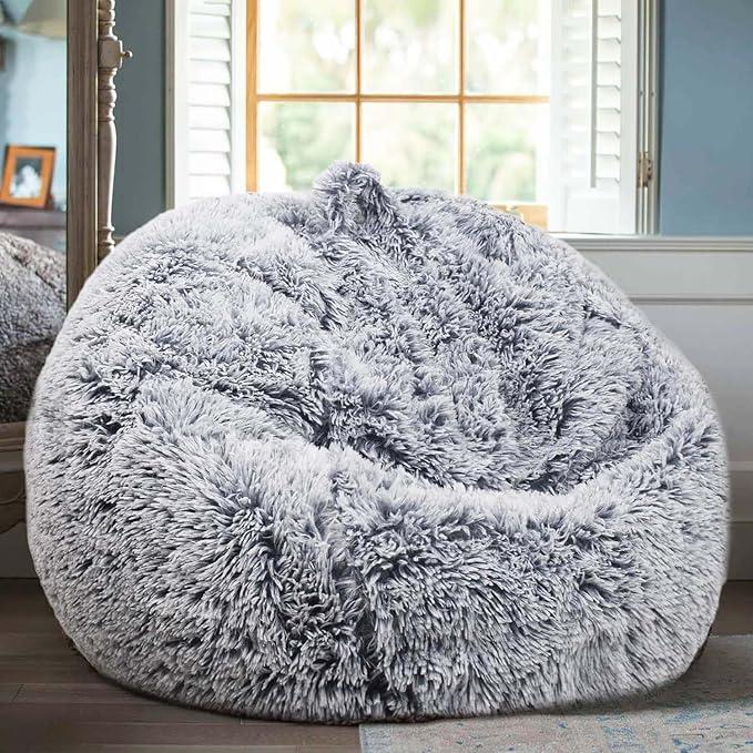 XeGe Kids Fluffy Faux Fur Bean Bag Chair Cover (No Filler), Soft Furry Stuffed Animal Storage Bean Bag Cover for Plush Toys, Shaggy Fuzzy Beanbag for Kids Teens Girls Adults, Anti-Slip, Aqua Ombre, Small, 28"x28"x32"