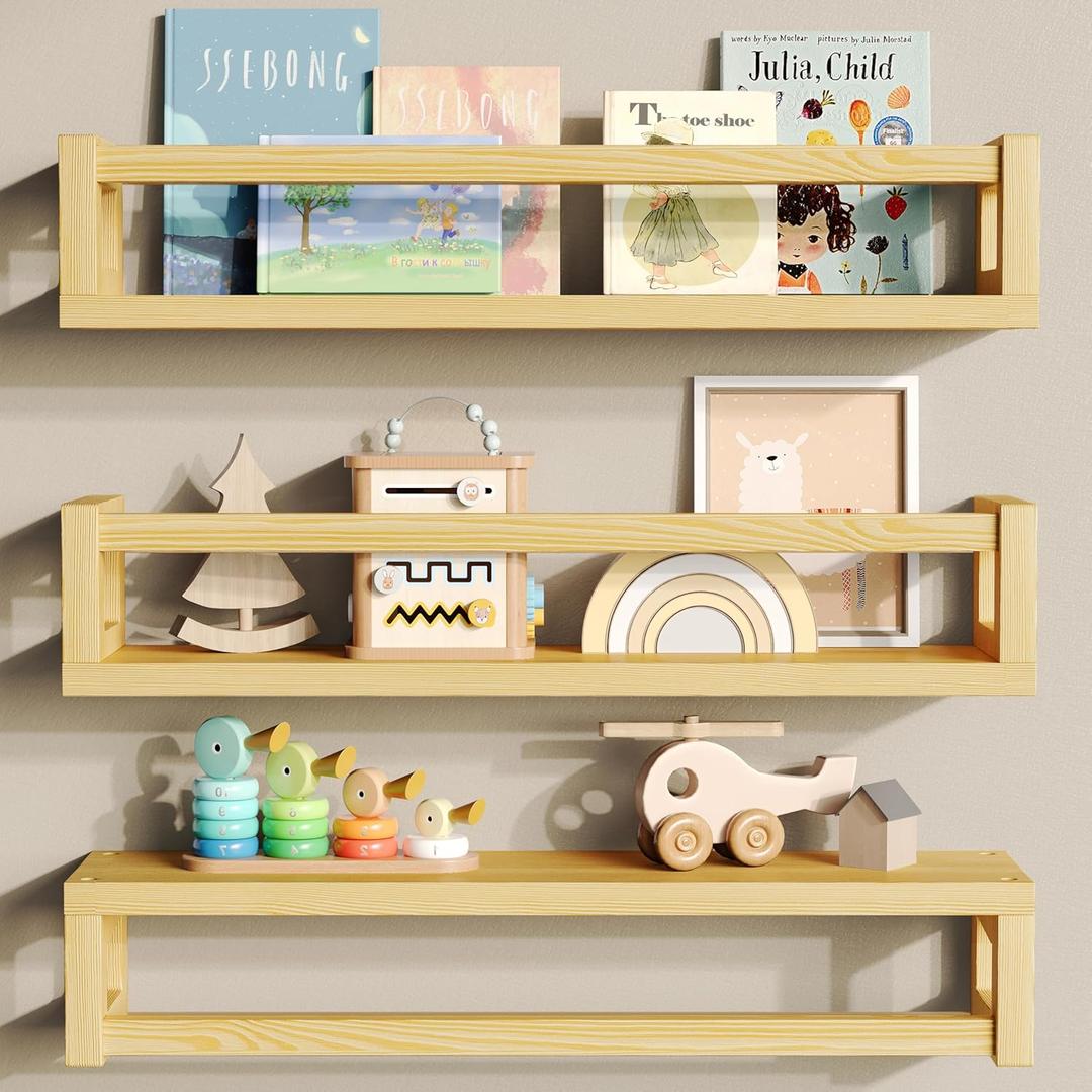 Upgraded Thick Floating Shelves - Multi-Use Wall-Mounted Bookshelves for Kids and Nursery, Ideal for Books, Toys, Spice Rack, Decor - NaturalWood (15.75 Inch)