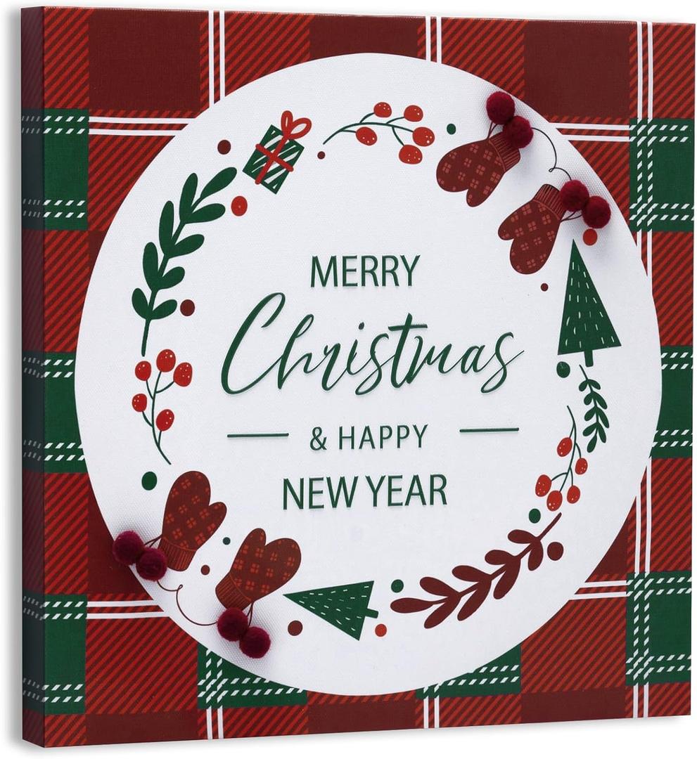 ArtbyHannah 16x16 Inch Christmas Canvas Wall Art, Framed With 3D Greetings and Red Balls, Red & Green Plaid Decor for Bedroom, Bathroom