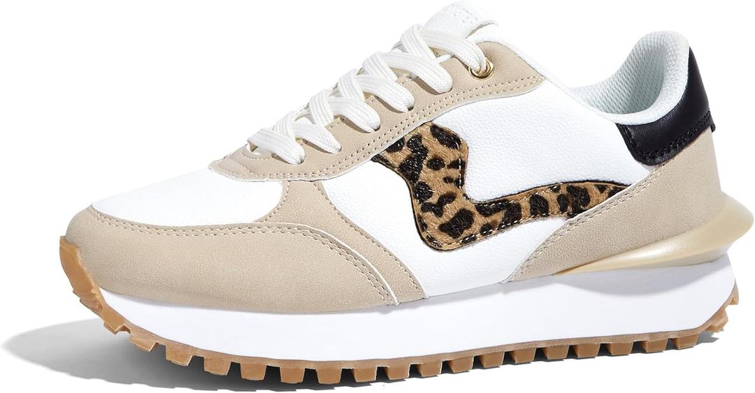 LUCKY STEP Women's Platform Fashion Sneakers Tennis Retro Walking Casual Trainers Stylish Durable Deluxe Skate Running Shoes(Beige/ Leopard, 8)
