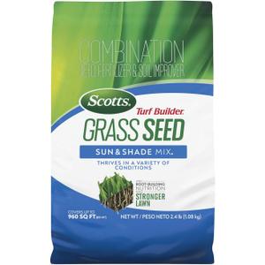 Scotts Turf Builder Grass Seed Sun and Shade Mix - Grass Seed Plus Lawn Fertilizer and Soil Improver, Covers Up to 960 sq. ft., 2.4 lb. (BBD 01/21/27)