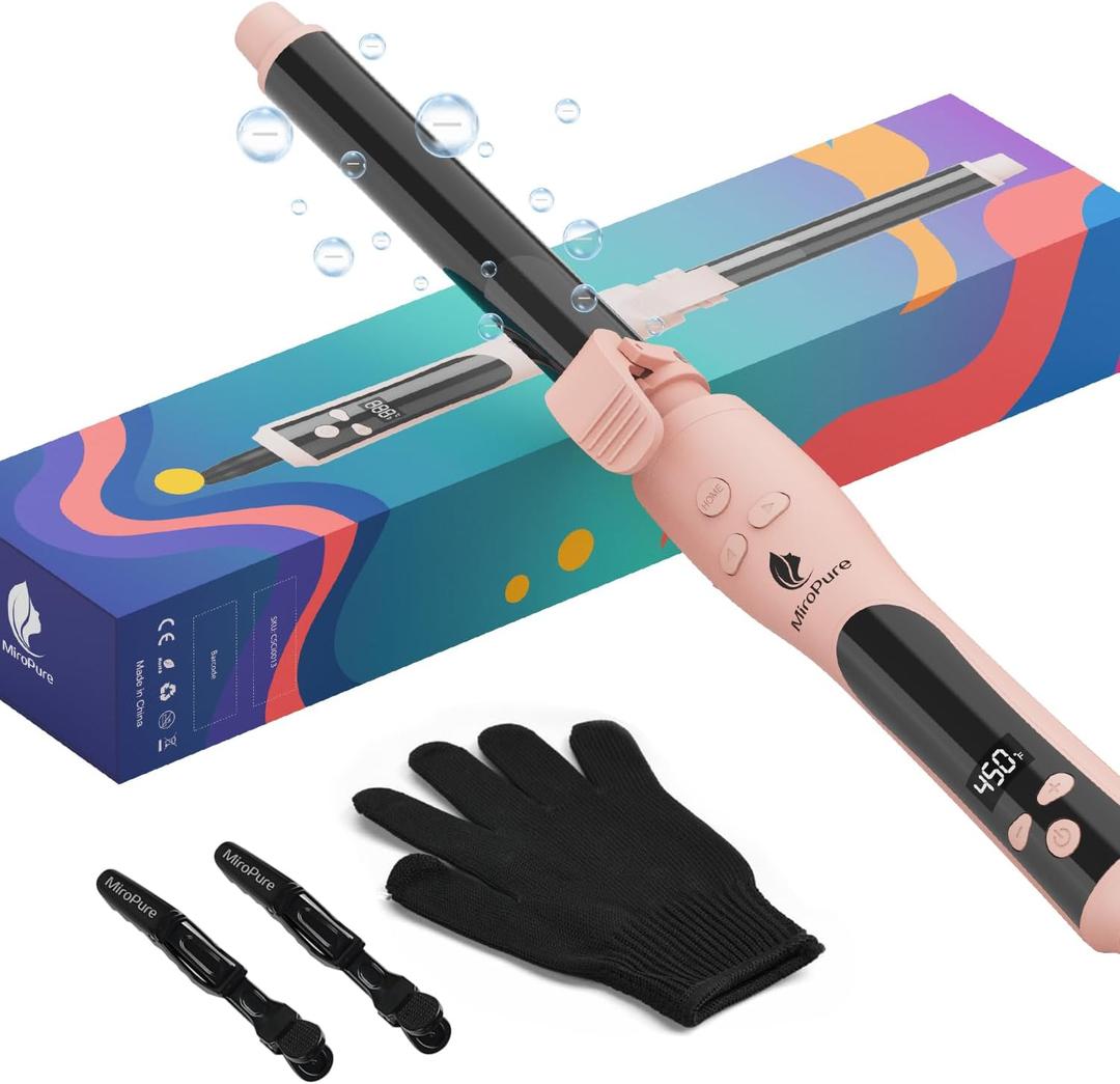 MiroPure Automatic Curling Iron, 1 Inch Ionic Hair Curler, Self Rotating Curling Wand with Longer Barrel for Waves and Curls, Unique Button to Enable/Distable Rotation, Get Rid of Accidentally Hit (Pink)